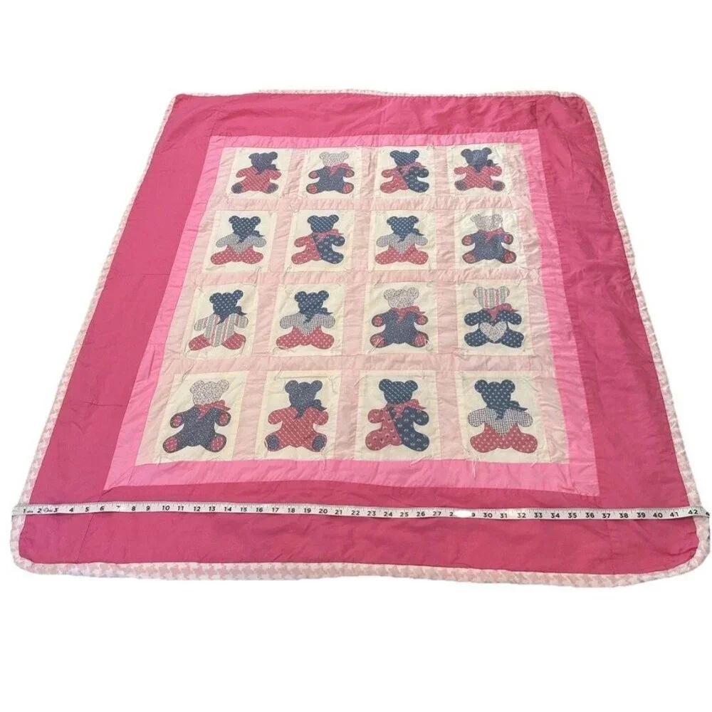 VTG Pink Teddy Bear Patchwork Quilt Throw Coverlet Baby Quilt Handmade 42” X 45”